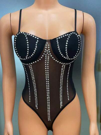 OK@Y body sexy semi transparente con piedritas de lujo