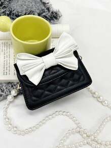 1pc Young Girls' Casual Fashionable Bow Knot & Diamond Checkered Embroidery Chain Strap Crossbody Bag With Pearl Detail, Suitable For Daily Use - Black - View 3