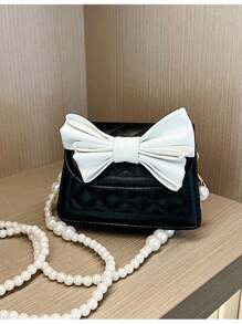 1pc Young Girls' Casual Fashionable Bow Knot & Diamond Checkered Embroidery Chain Strap Crossbody Bag With Pearl Detail, Suitable For Daily Use - Black - View 1