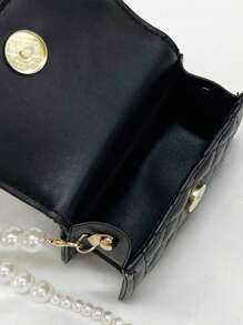 1pc Young Girls' Casual Fashionable Bow Knot & Diamond Checkered Embroidery Chain Strap Crossbody Bag With Pearl Detail, Suitable For Daily Use - Black - View 6