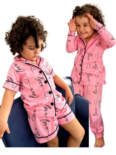 Kit 2 Pijama Infantil De Menina Americano Curto e Longo Criança Short Doll E Pijama Longo Garota Blogueira De Botões Com Gola Várias Estampas Malha Confortável de Dormir