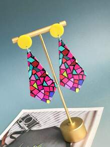 1對波西米亞復古法式幾何菱形圖案獨特質感耳環 - 紅色七彩 - 查看 1