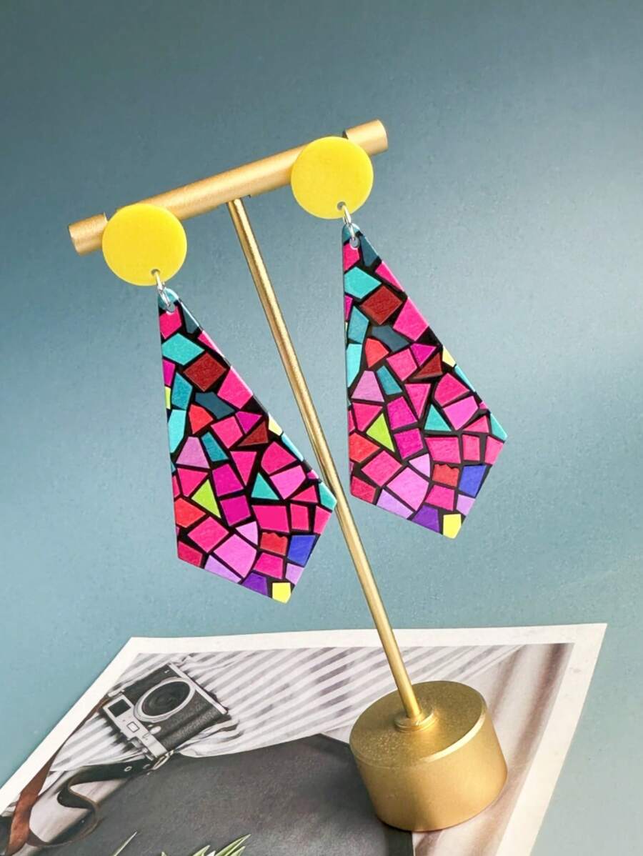 1對波西米亞復古法式幾何菱形圖案獨特質感耳環 - 紅色七彩 - 查看 1