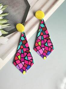 1對波西米亞復古法式幾何菱形圖案獨特質感耳環 - 紅色七彩 - 查看 2