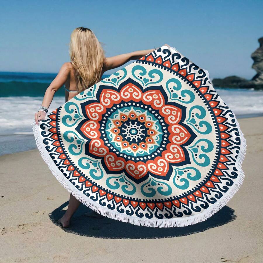 1 件圆形沙滩巾，61 英寸大毛巾，快干且吸水性强，可用作沙滩垫、冥想毯、桌布，是旅行和度假、游泳池、露营的必备礼物，是成人女性男性海滩度假夏季旅行的必备品，度假浴室装饰