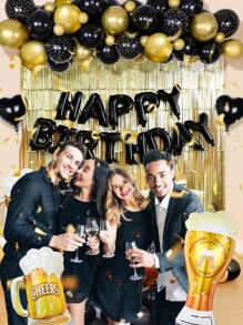 63pcs/Set Black & Gold Happy Birthday Decoration Kit, Balloon Arch Set, Banner With Metallic Tassels, Champagne Bottle & Crown Shaped Balloons, Perfect For Adult's Birthday Parties, Fit For 20th, 30th, 35th, 40th, 50th, 60th, 70th, 80th, 90th Celebrations, Christmas