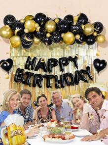 63pcs/Set Black & Gold Happy Birthday Decoration Kit, Balloon Arch Set, Banner With Metallic Tassels, Champagne Bottle & Crown Shaped Balloons, Perfect For Adult's Birthday Parties, Fit For 20th, 30th, 35th, 40th, 50th, 60th, 70th, 80th, 90th Celebrations, Christmas