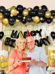 63pcs/Set Black & Gold Happy Birthday Decoration Kit, Balloon Arch Set, Banner With Metallic Tassels, Champagne Bottle & Crown Shaped Balloons, Perfect For Adult's Birthday Parties, Fit For 20th, 30th, 35th, 40th, 50th, 60th, 70th, 80th, 90th Celebrations, Christmas