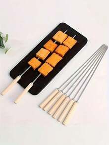 Bộ 10/20 xiên nướng BBQ bằng thép không gỉ cán gỗ, xiên thịt nướng ngoài trời dùng cho cắm trại, dụng cụ nướng xiên dẹt. - Bạc - Xem 3
