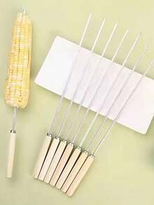 Bộ 10/20 xiên nướng BBQ bằng thép không gỉ cán gỗ, xiên thịt nướng ngoài trời dùng cho cắm trại, dụng cụ nướng xiên dẹt. - Bạc - Xem 5