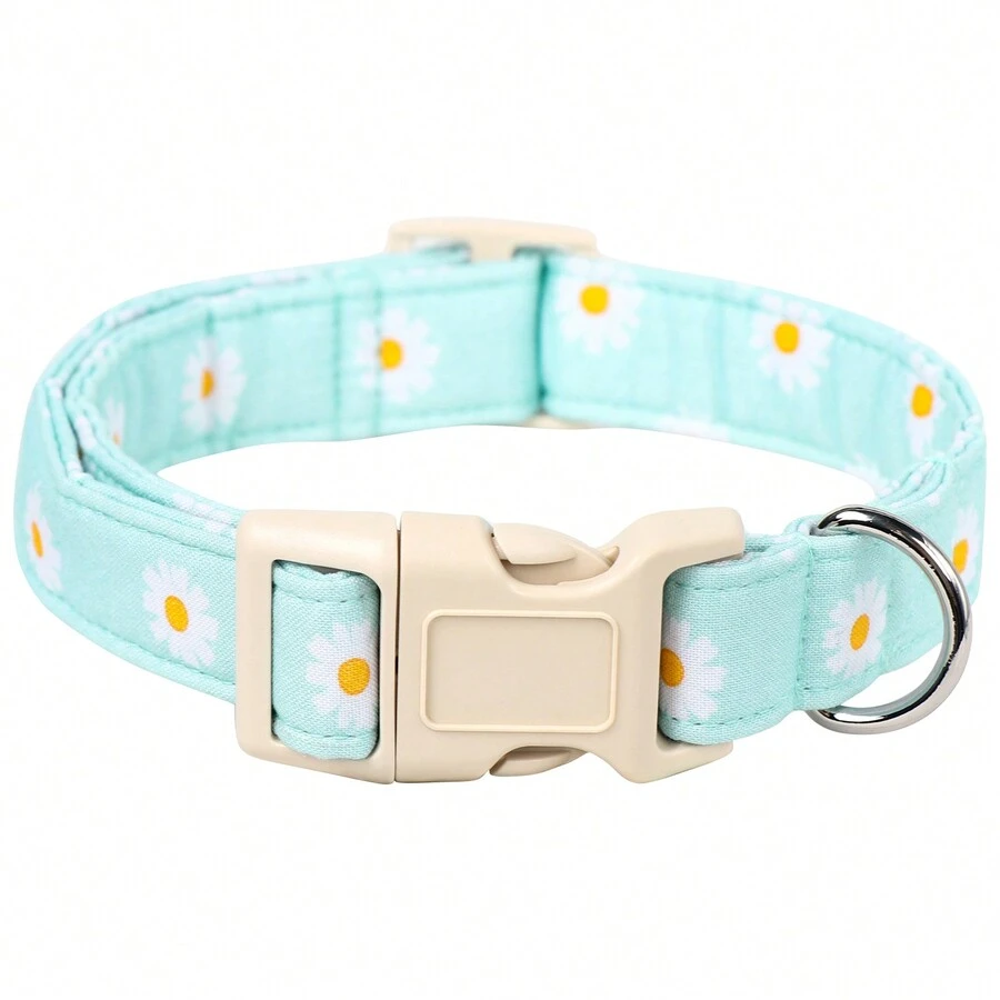 1只限量版春/夏季時尚新款藍色向日葵印花布料寵物項圈,帶米色塑料扣適用於室內外使用 - 淺藍色 - 查看 1