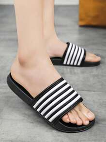 Herren Gestreifte & Buchstaben Muster weiche Flache Hausschuhe für Innen & Außen