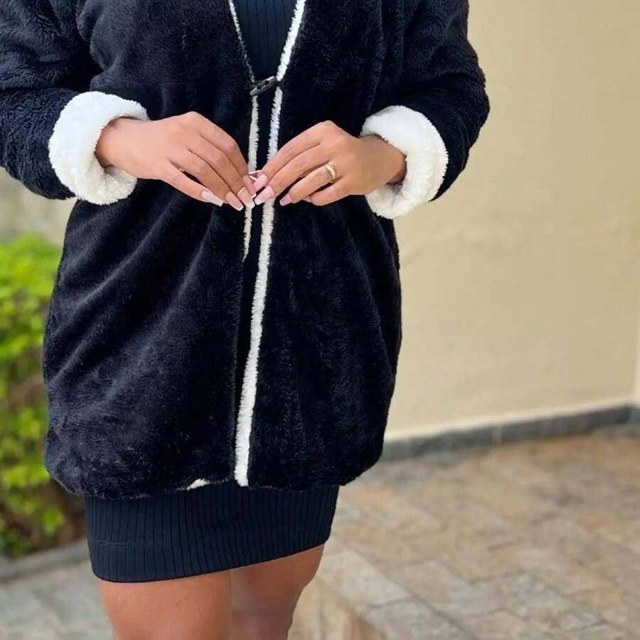 Women Faux Fur Coats - Black and White - View 1