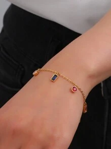 مجموعة مجوهرات فاخرة وأنيقة قطعتين، سوار وعقد من الفولاذ المقاوم للصدأ مطلي بذهب عيار 18 قيراط مزينة بسيكولوجية الألوان وزركونيا، مناسبة للنساء للارتداء في العطلات والحفلات وفي الاستخدام اليومي - ذهبي أصفر - مشاهدة 6