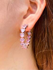 1 Pair Top Sparkling Heart Shape Pink Cubic Zirconia Rose Gold Plated Half Round Hoop Earrings For Women Party Wedding Engagement Jewelry Gifts
