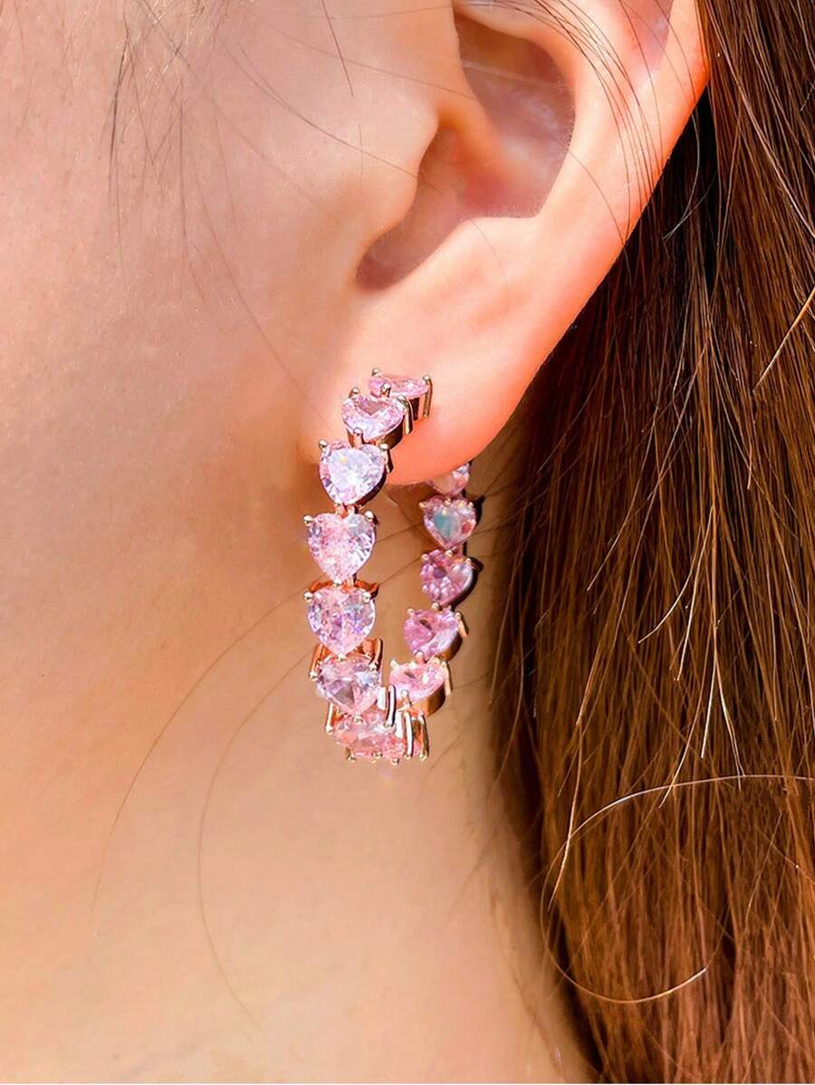1 Pair Top Sparkling Heart Shape Pink Cubic Zirconia Rose Gold Plated Half Round Hoop Earrings For Women Party Wedding Engagement Jewelry Gifts