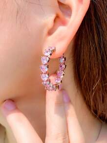 1 Pair Top Sparkling Heart Shape Pink Cubic Zirconia Rose Gold Plated Half Round Hoop Earrings For Women Party Wedding Engagement Jewelry Gifts
