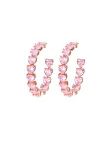 1 Pair Top Sparkling Heart Shape Pink Cubic Zirconia Rose Gold Plated Half Round Hoop Earrings For Women Party Wedding Engagement Jewelry Gifts