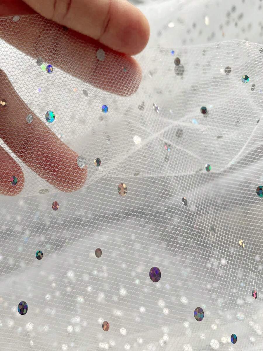 1件白色閃爍亮片薄紗縫紉diy婚禮生日派對薄紗裙 - 白色 - 查看 1