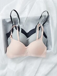 3件装女士舒适睡眠软杯纯色无钢圈文胸，内衣 - 杏色 - 查看 3