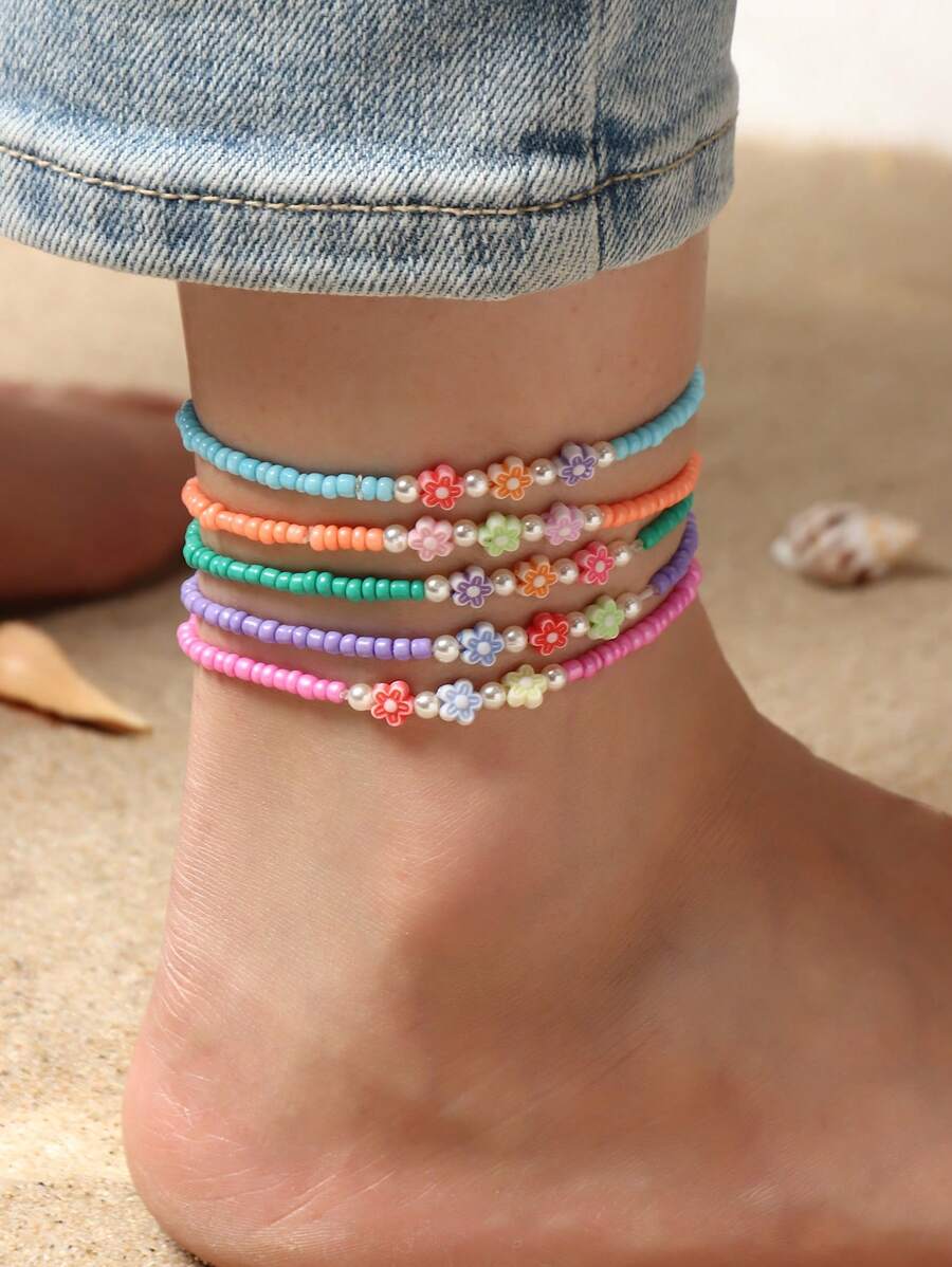 5pcs/Set Kids Beach Style Rice Bead & Colorful Flower Beaded Anklet Set - Multicolor - View 1