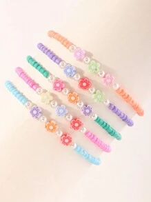 5pcs/Set Kids Beach Style Rice Bead & Colorful Flower Beaded Anklet Set - Multicolor - View 3