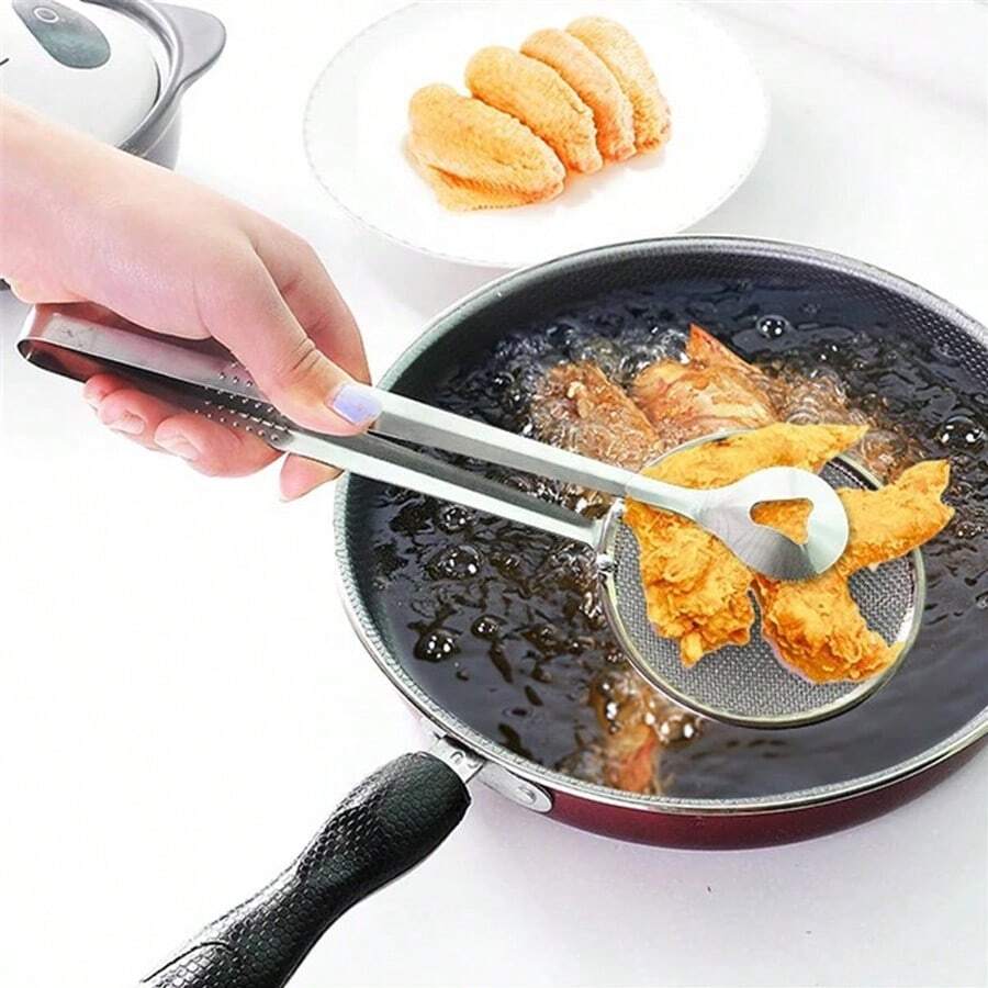 1pc Stainless Steel Practical Food Strainer Ladle, Kitchen Strain Spoon Tool, Food Tongs, Strainer, Oil Filter Clip For Kitchen Frying Food Auxiliary Tool, Making Cooking Oil Filtration - White - View 1