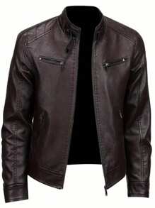 Men's Solid Color Motorcycle Leather Jacket, Outdoor Sports, Couple Style, Spring/Autumn - Brown - View 1