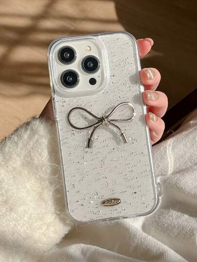透明环氧树脂金属银箔蝴蝶结设计手机壳，兼容 17/17 Air/16/16e/15；可爱甜美手机保护套，兼容 15/15 Pro Max/13 Pro Max/14 Pro Max/13 Pro/14 Pro/15 Pro/12/13/11