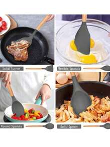 12 utensilios de cocina con cubos cubos de almacenamiento de mango de madera herramientas de cocina antideslizantes cucharas de silicona,con Cepillo/ Batidor/ Espátula/ Cuchara/ Cucharón/ Pinzas tenedor para pasta, Herramientas de Cocina para Cocinar, Mezclar y Hornea - Gris - Ver 4