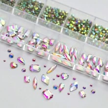 12Grids/Box Y2K Style 3D Flat Bottom Nail Rhinestones, Assorted Shapes & AB Colors, Gems & Decor Tool Set, Suitable For DIY Handcraft, Face, Clothing, Nail Art Decoration (Crystal AB Color) (1.5-4.3mm) Nail Art Jewelry Nail Supplies Nail Charms - Multicolor - View 6