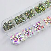12Grids/Box Y2K Style 3D Flat Bottom Nail Rhinestones, Assorted Shapes & AB Colors, Gems & Decor Tool Set, Suitable For DIY Handcraft, Face, Clothing, Nail Art Decoration (Crystal AB Color) (1.5-4.3mm) Nail Art Jewelry Nail Supplies Nail Charms - Multicolor - View 4