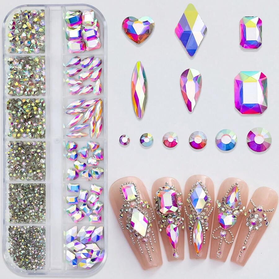 12Grids/Box Y2K Style 3D Flat Bottom Nail Rhinestones, Assorted Shapes & AB Colors, Gems & Decor Tool Set, Suitable For DIY Handcraft, Face, Clothing, Nail Art Decoration (Crystal AB Color) (1.5-4.3mm) Nail Art Jewelry Nail Supplies Nail Charms - Multicolor - View 1