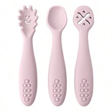 PopLittleOne 3Pcs/Set Unisex Baby Silicone Spoon Fork Set Solid Utensils Toddler Learn To Eat Training Soft Cutlery Children's Tableware - Baby Pink - View 3