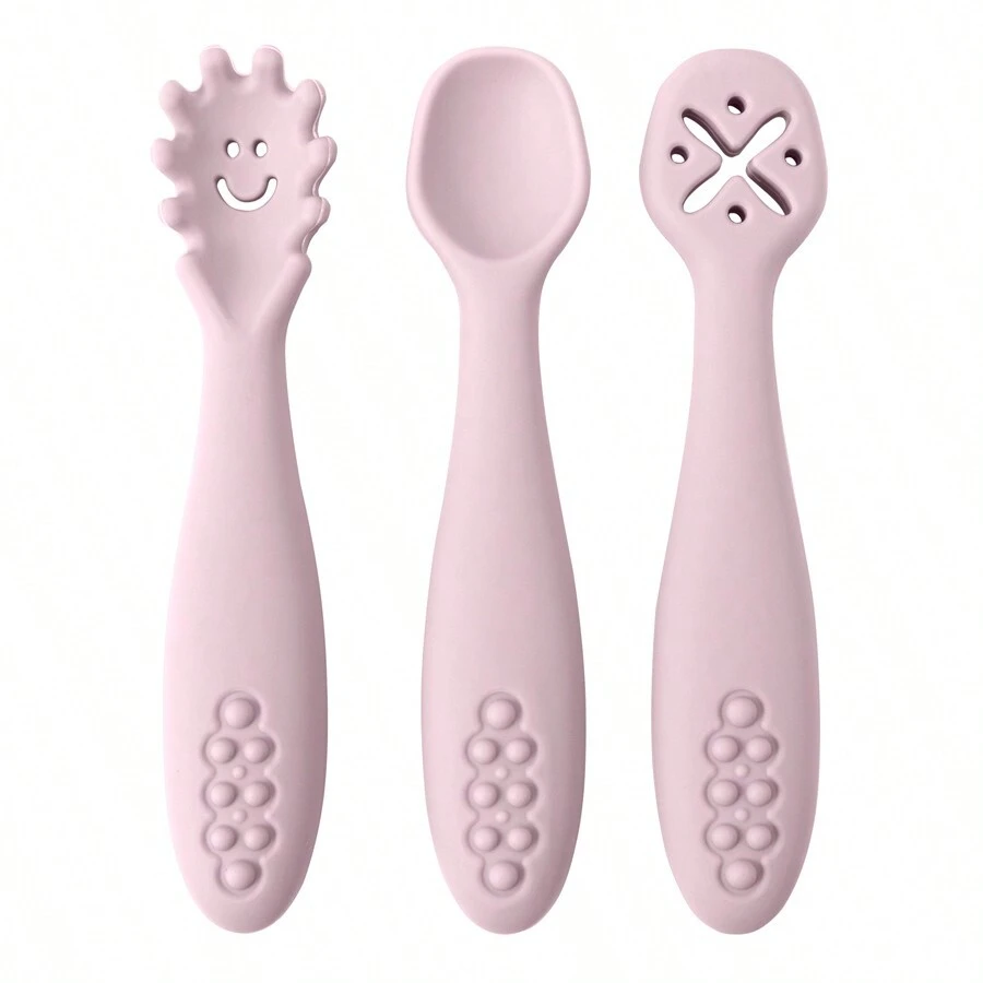 PopLittleOne 3Pcs/Set Unisex Baby Silicone Spoon Fork Set Solid Utensils Toddler Learn To Eat Training Soft Cutlery Children's Tableware