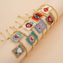 1 pieza Pulsera tejida a mano de estilo bohemio y de vacaciones, con Charm en forma de corazón y cuentas doradas de 18k, joyería de moda de verano, mejor regalo de amistad, mejor regalo para el Día de los Enamorados