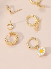 7pcs Stylish Vacation Style Asymmetrical Colorful Rhinestone Earrings Set + Fashionable Copper Zirconia Sunflower, Shell, Star, Moon, Clasp Stud Earrings Valentines,Mom,Mother,Mother's Day,Gift