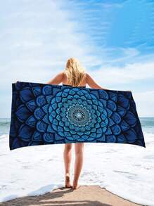 1 件式蓝色曼德勒图案沙滩巾，超细纤维沙滩毯，高吸水浴巾，适合夏季旅行、游泳、潜水、冲浪、瑜伽、露营，成人和成人各种尺寸，海滩配件假日浴室装饰海滩必需品 - 藍色 - 查看 5