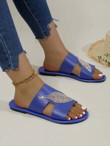 新款女士皮革舒适拖鞋，带树叶装饰，防滑鞋底 - 藍色 - 查看 1