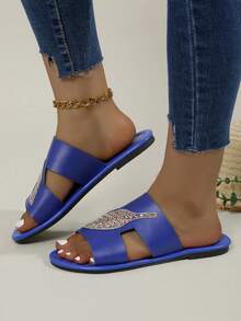 新款女士皮革舒适拖鞋，带树叶装饰，防滑鞋底 - 藍色 - 查看 4