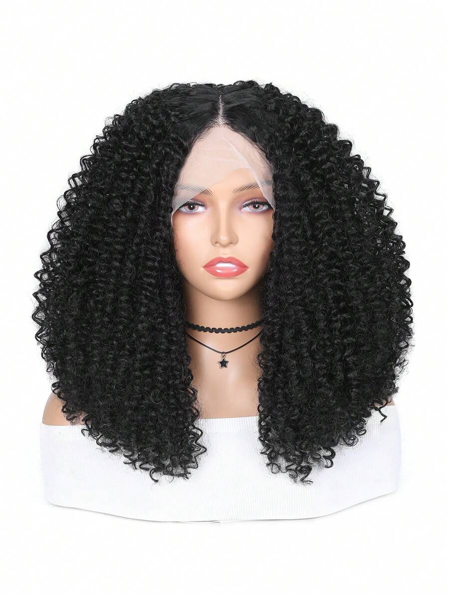 16 Inch Afro Curly Lace Wig Black Mixed Women's Synthetic