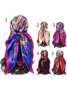 1入組女性羽毛和鏈條印花圍巾，頭巾，方形圍巾，頭巾，頭部包裝，頭部包裝上衣，波希米亞風格頭巾，髮箍，頭帶，時尚配件波希米亞風格頭巾，理想裝飾您的造型 - 寶藍色 - 查看 12