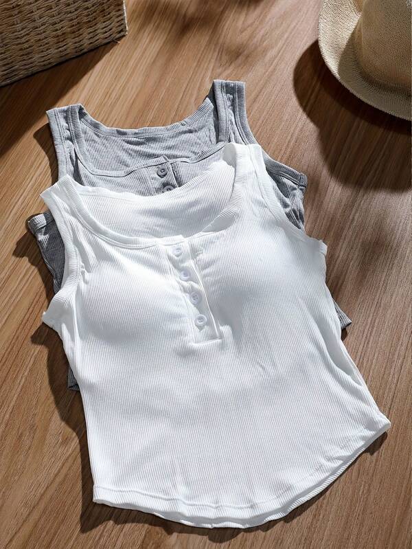 Camisola deportiva para adolescente con sostén incorporado acolchado, top de tirantes unicolor con botones para superponer capas