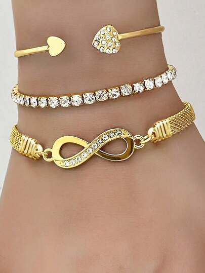 3 件套水钻心形装饰手链 情人节、妈妈、母亲、母亲节、礼物