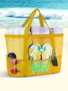 1 Bolsa Grande De Playa Con Malla A Prueba De Arena, Bolsa De Viaje Grande Para Nadar, Con Cremallera Y Bolsillos Adicionales Para Juguetes Y Otros Esenciales De Vacaciones En La Playa Y Cruceros - Amarillo - Ver 1