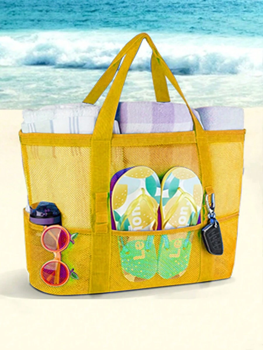 1 Bolsa Grande De Playa Con Malla A Prueba De Arena, Bolsa De Viaje Grande Para Nadar, Con Cremallera Y Bolsillos Adicionales Para Juguetes Y Otros Esenciales De Vacaciones En La Playa Y Cruceros - Amarillo - Ver 1