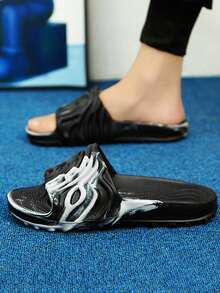 男式夏季拖鞋，時尚戶外防滑迷彩圖案防滑溜板，舒適透氣沙灘涼鞋（黑色） - 黑色 - 查看 6