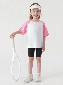 MARC&JANIE Young Girls' Casual & Sporty Quick-Drying Color Block Letter Printed Raglan Sleeve Round Neck T-Shirt, Summer - Pink - View 3