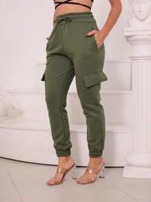 calça cargo feminina moletom moda casual - Verde Militar - Visão 3