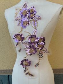 1PC 3D Beaded Embroidery Sequin Lace Applique Sew On Flower Fabric Collar Patch For Wedding Gown Dress Bridal DIY Crafts - Purple - View 3